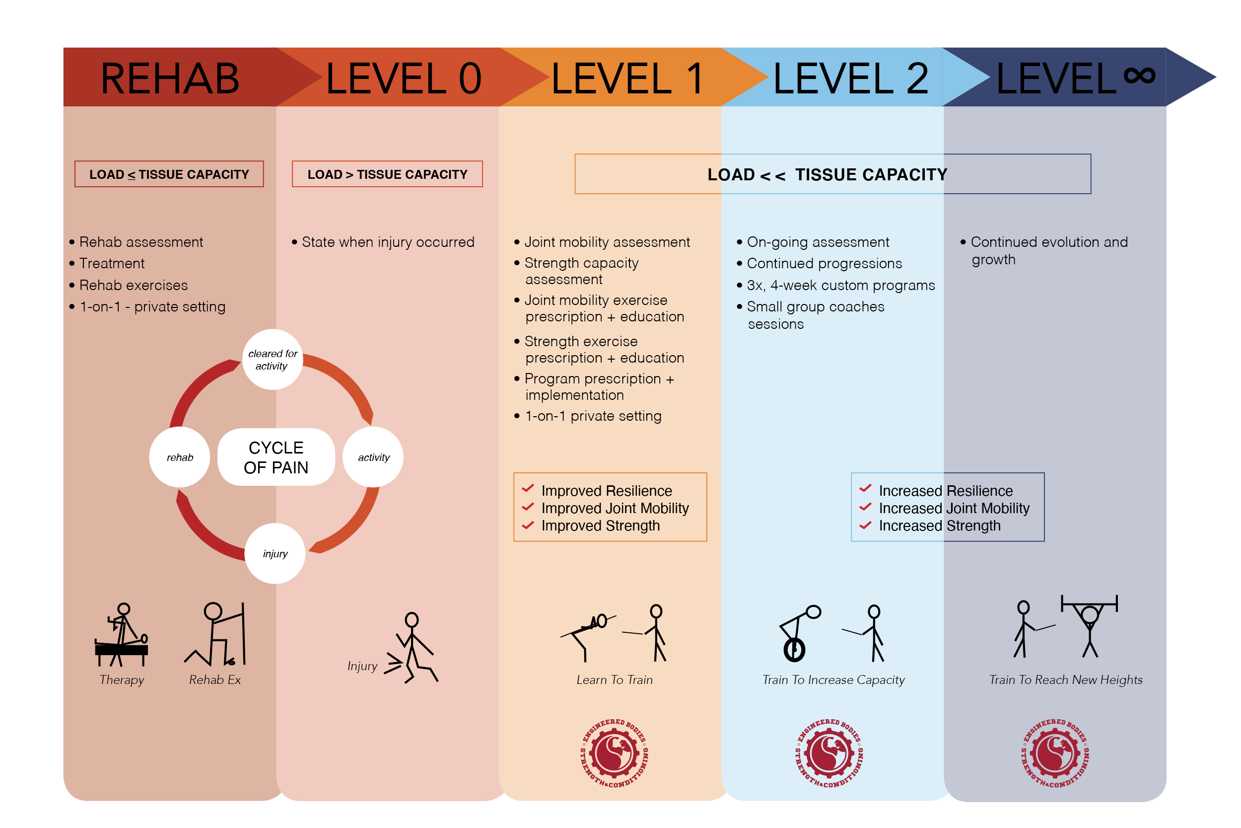 A diagram explaining the details of the injury, rehab, and training continuum