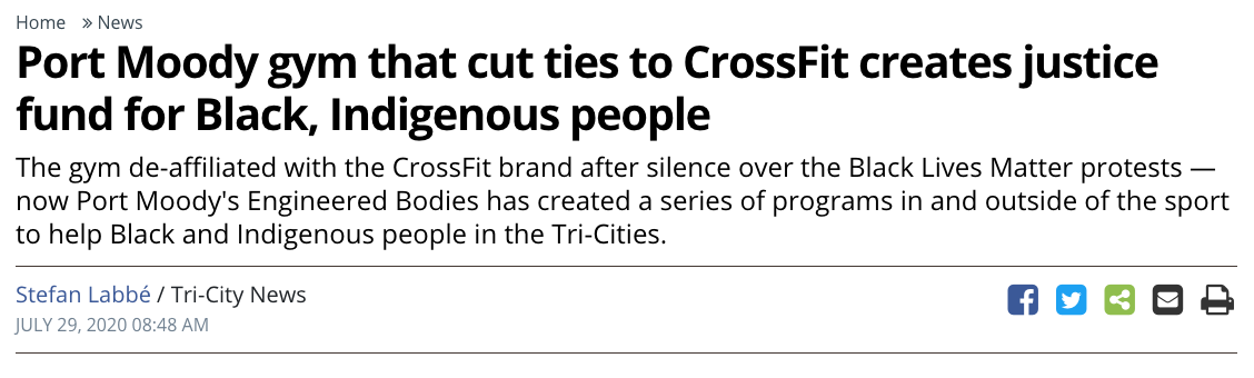 Tri-City News article titled: Port Moody gym that cut ties to CrossFit creates justice fund for Black, Indigenous people